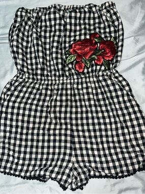 Everly Black and White Gingham Romper with Red Rose embroidered Accent